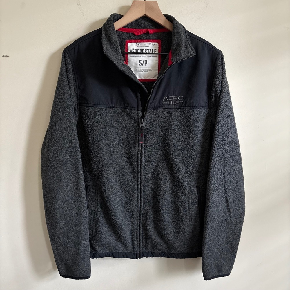 Aeropostale Mens Full Zip Fleece Jacket Gray Black Colorblock Small AERO 87